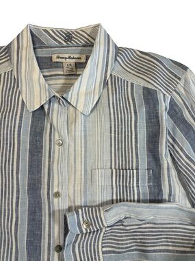 Tommy Bahama Women’s L Blue White Striped Breezy Bay Relaxed Linen Button-Down